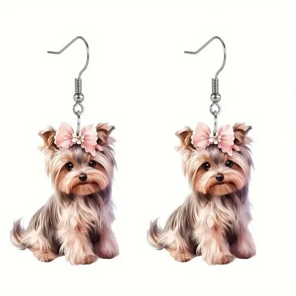 New Handcrafted Women's Cute Yorkshire Terrier Dog Dangle Earrings - Picture 1 of 5